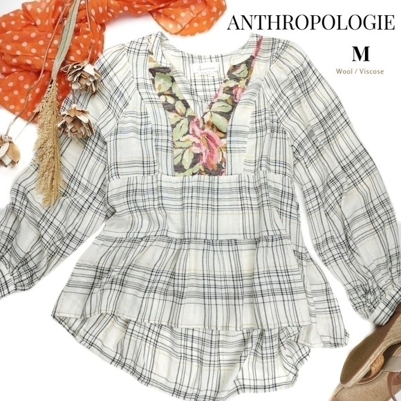 New Anthropologie Boho Gold Lined Iridescent Floral Plaid Wool Blend Top… - Picture 1 of 13